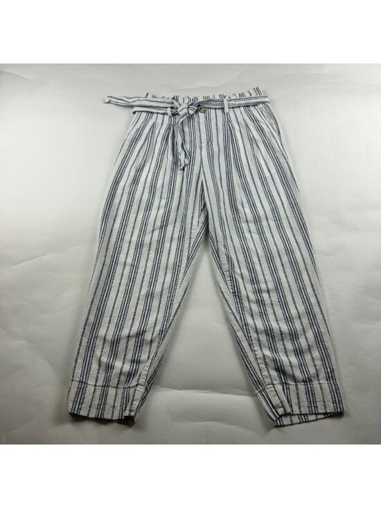 Madewell Pants - Madewell White Blue Stripe Linen High Rise Belted Ankle Pant 6